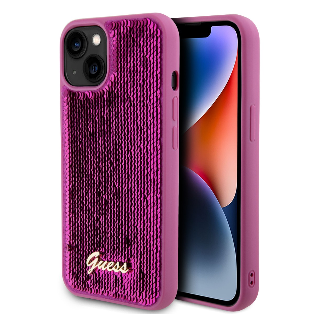 Zadní kryt Guess Sequin Script Logo pro iPhone 13 Magenta