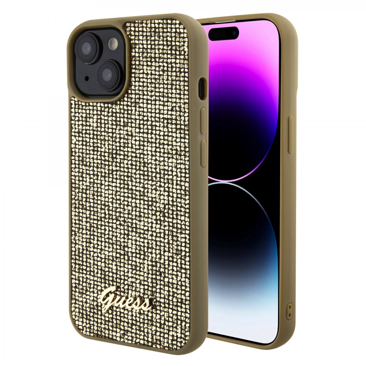 Guess PU Square Mirror Script Logo Zadní Kryt pro iPhone 15 Gold