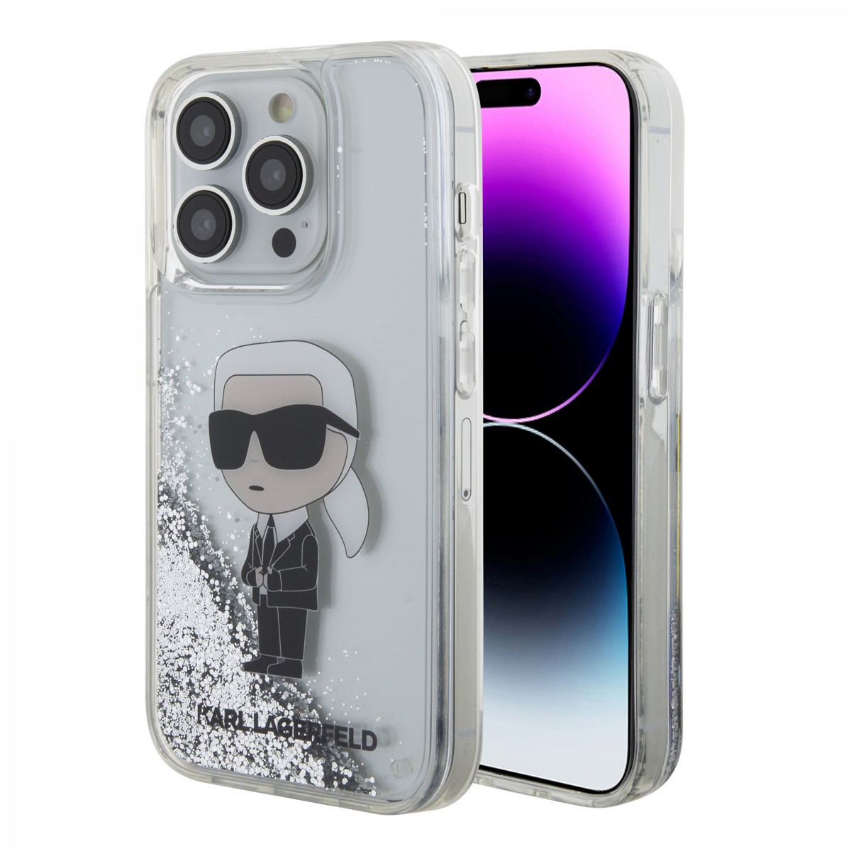 Karl Lagerfeld Liquid Glitter Karl Head Zadní Kryt pro iPhone 15 Pro Silver