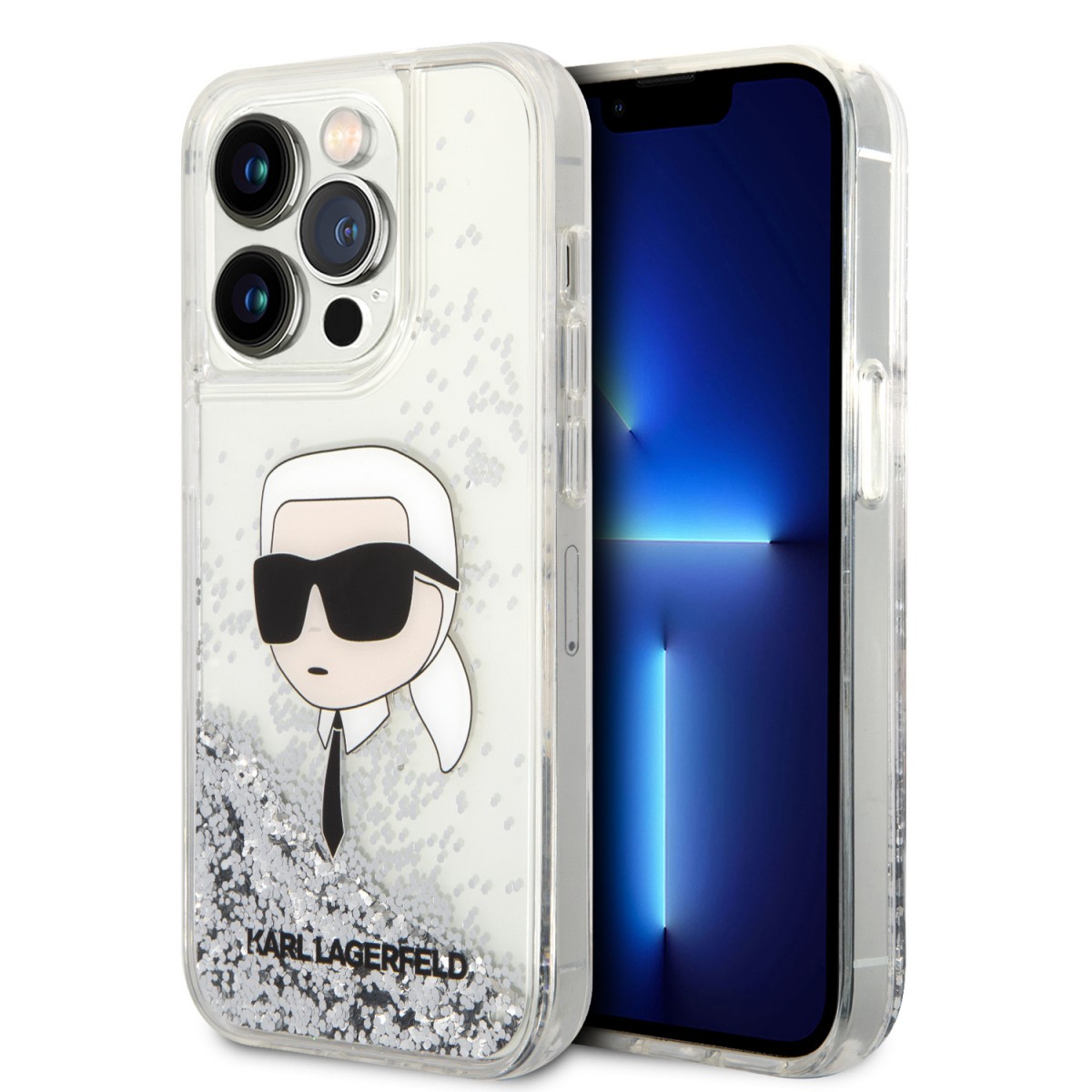 Karl Lagerfeld Liquid Glitter Karl Head Zadní Kryt pro iPhone 15 Pro Max Silver