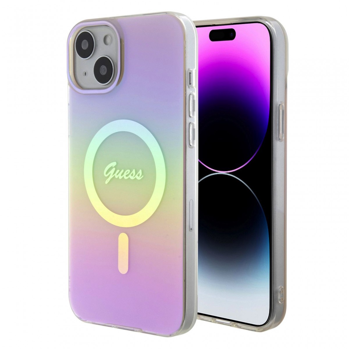 Guess IML Iridescent Script MagSafe Zadní Kryt pro iPhone 15 Pink