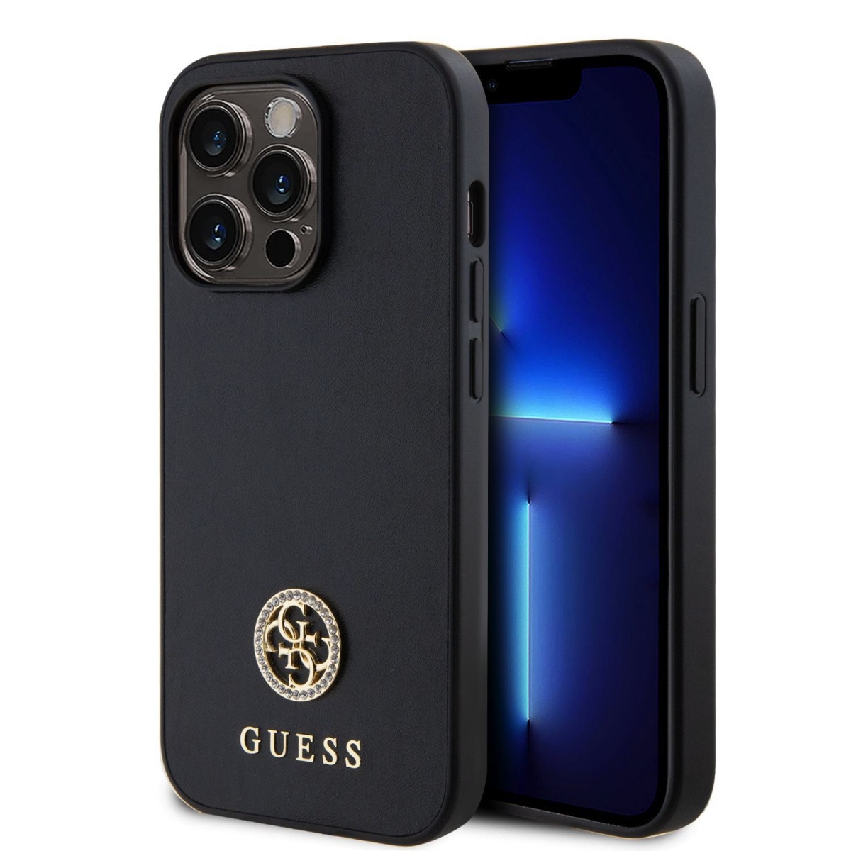 Guess PU 4G Strass Metal Logo Zadní Kryt pro iPhone 15 Pro Max Black