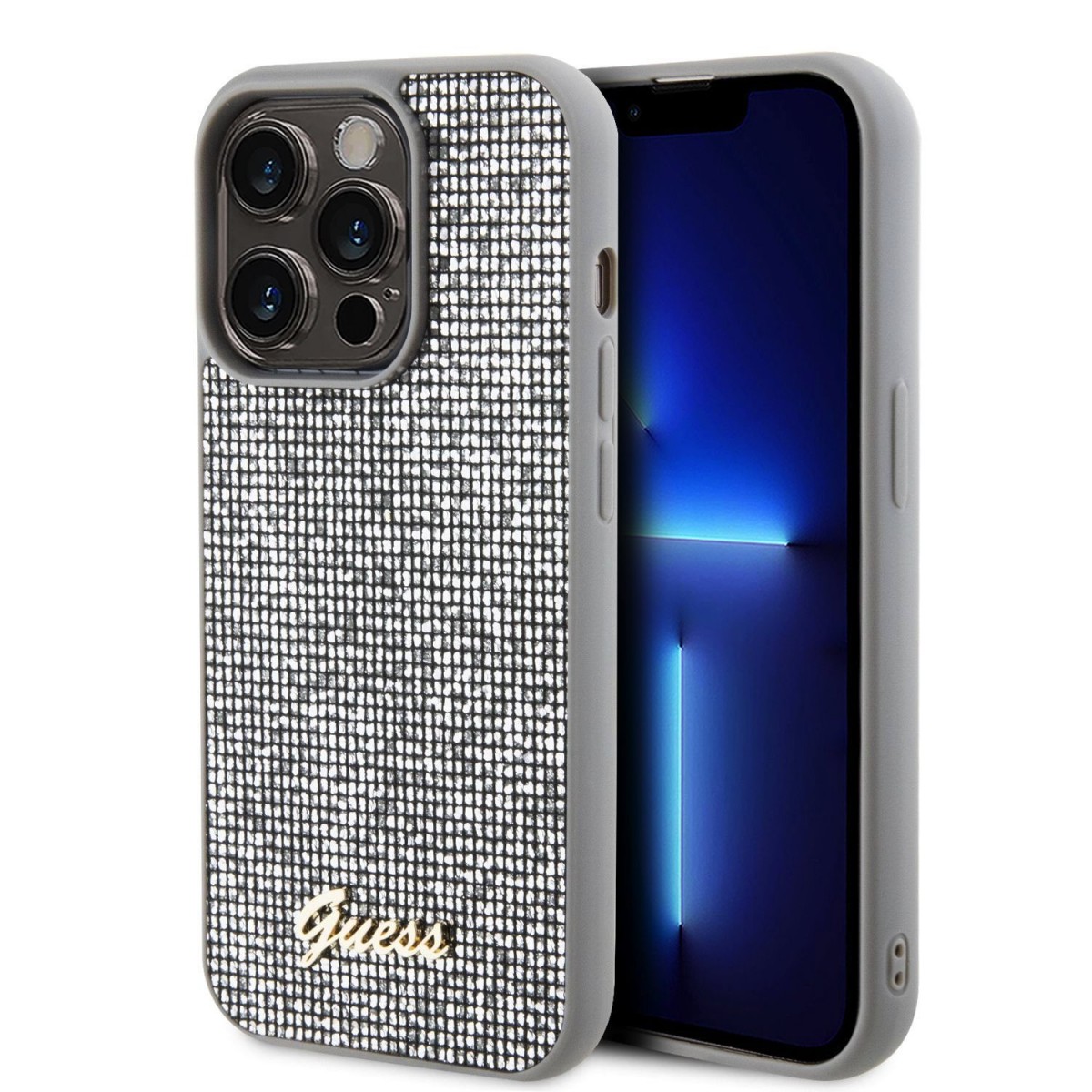 Guess PU Square Mirror Script Logo Zadní Kryt pro iPhone 15 Pro Max Silver