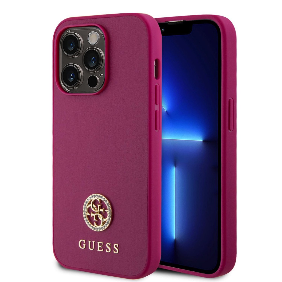 Guess PU 4G Strass Metal Logo Zadní Kryt pro iPhone 15 Pro Max Pink