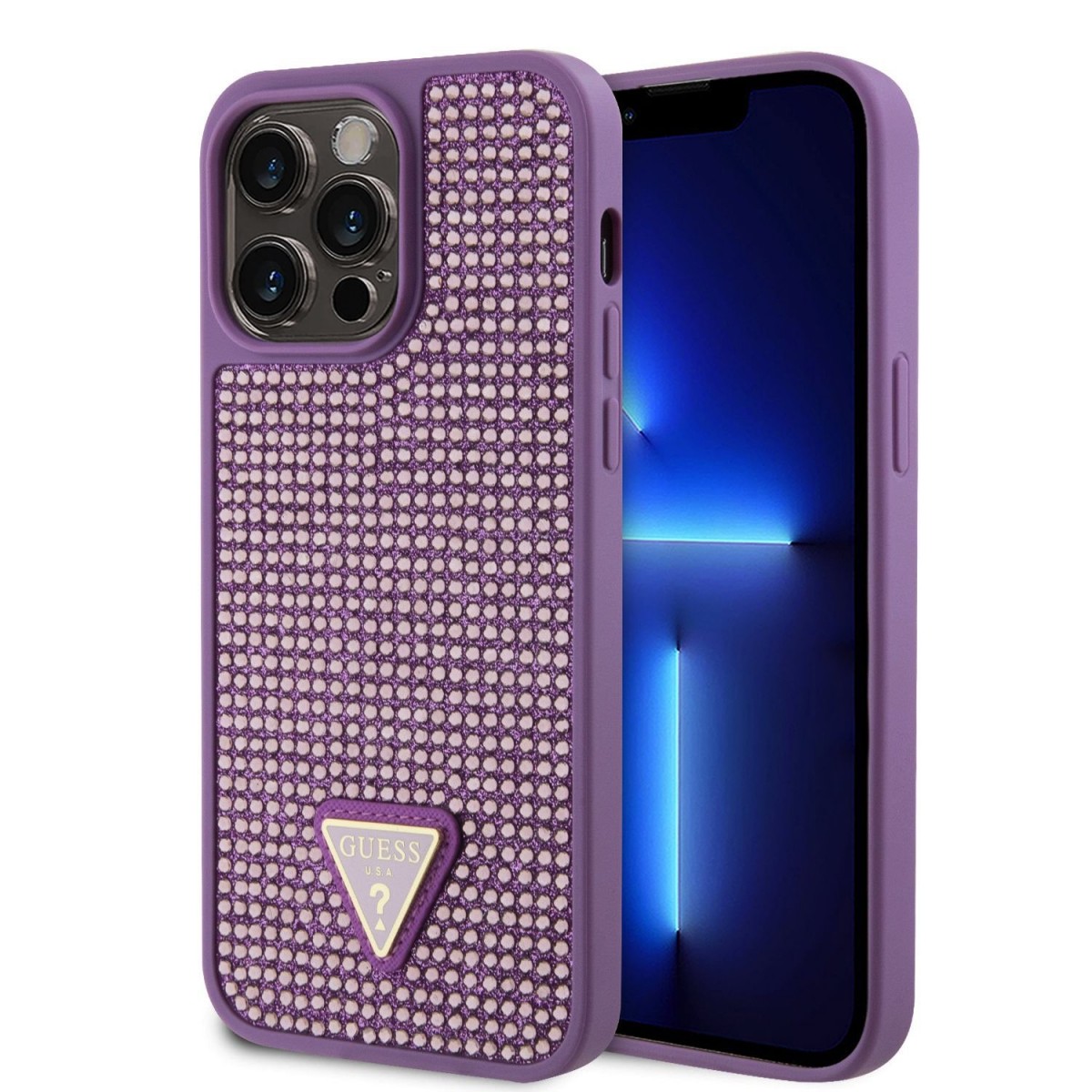 Guess Rhinestones Triangle Metal Logo Kryt pro iPhone 15 Pro Max Purple