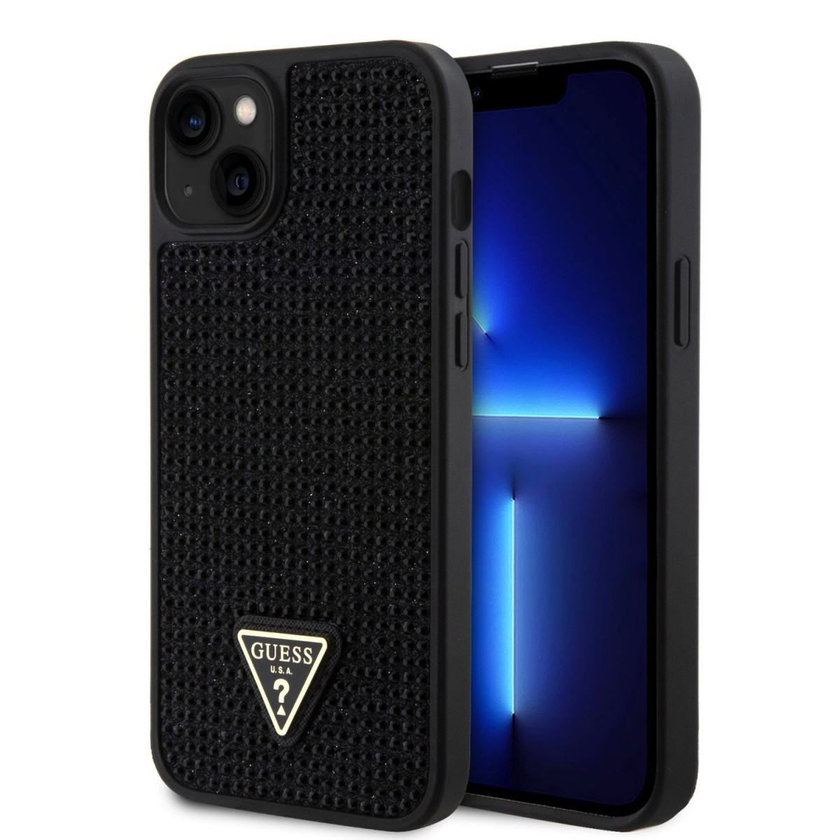 Guess Rhinestones Triangle Metal Logo Kryt pro iPhone 15 Plus Black