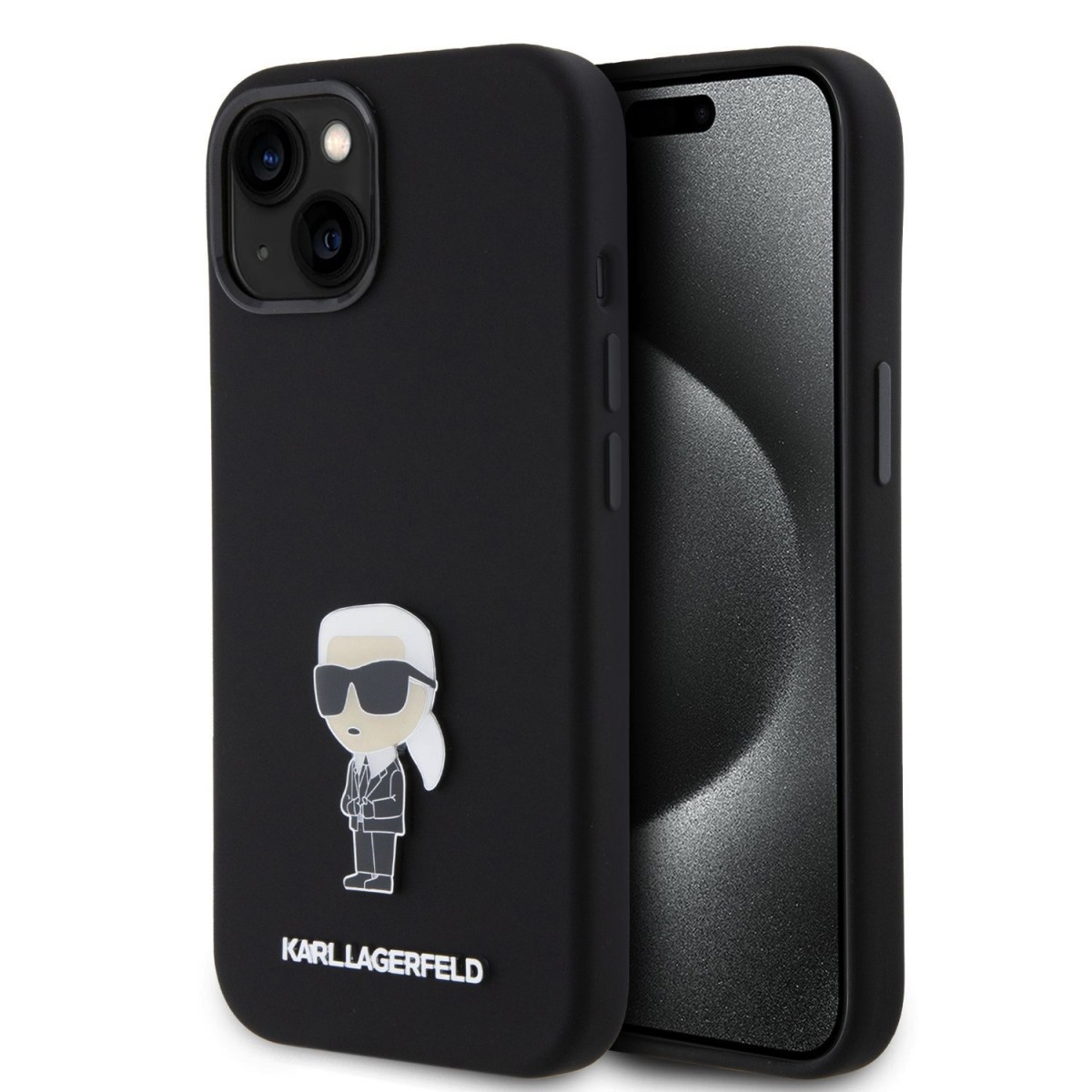 Karl Lagerfeld Liquid Silicone Metal Ikonik Zadní Kryt pro iPhone 15 Black