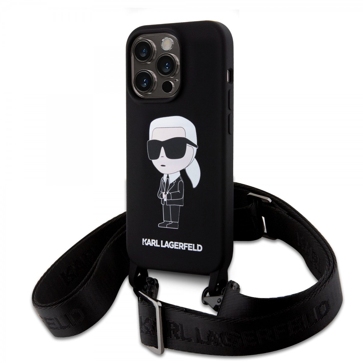 Karl Lagerfeld Liquid Silicone Crossbody Ikonik Zadní Kryt pro iPhone 15 Pro Black