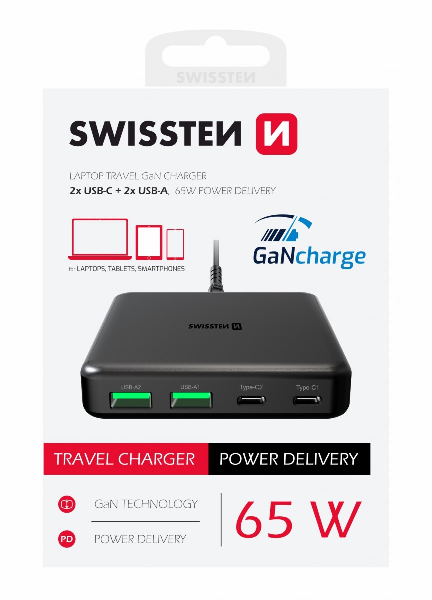 Adaptér Swissten mini desktop gan s funkcí rychlonabíjení 65W černý