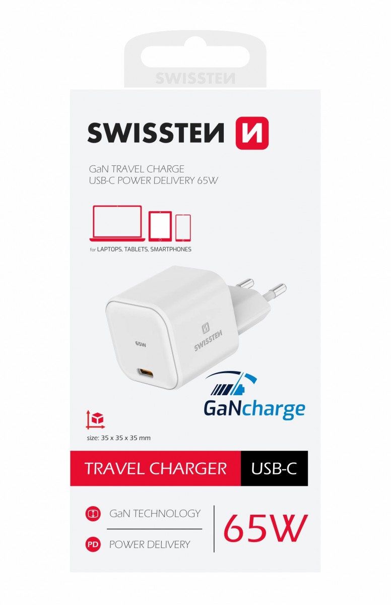 Cestovní adaptér Swissten Gan 1xUSB-C s funkcí rychlonabíjení 65W bílý