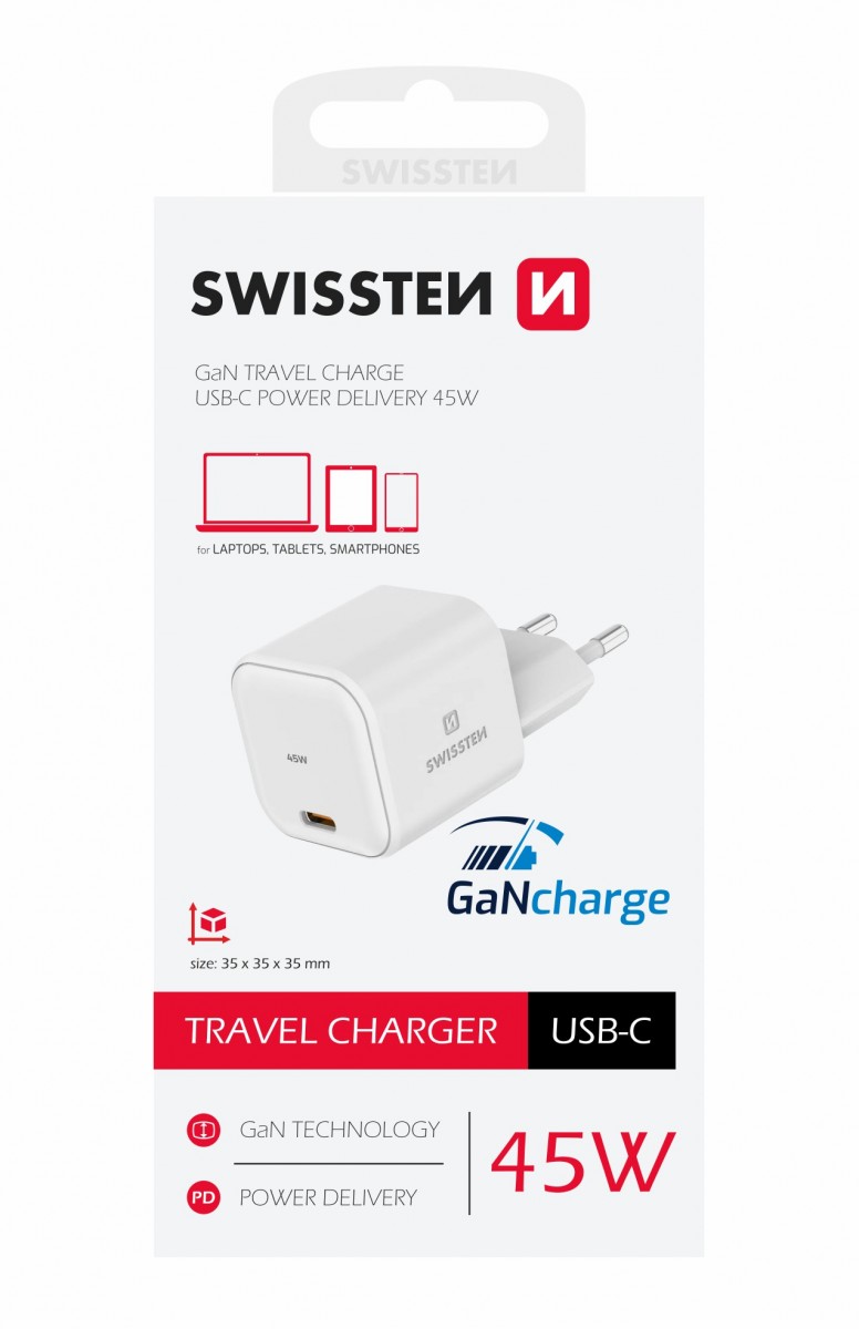 Cestovní adaptér Swissten Gan 1x  USB-C s funkcí rychlonabíjení 45W bílý