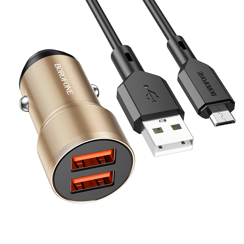 Nabíječka do auta Borofone BZ19 vč. microUSB datového kabelu Dual 12W zlatá