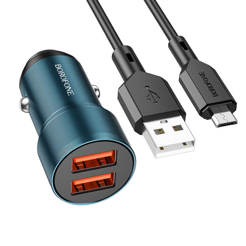 Nabíječka do auta Borofone BZ19 vč. microUSB datového kabelu Dual 12W modrá