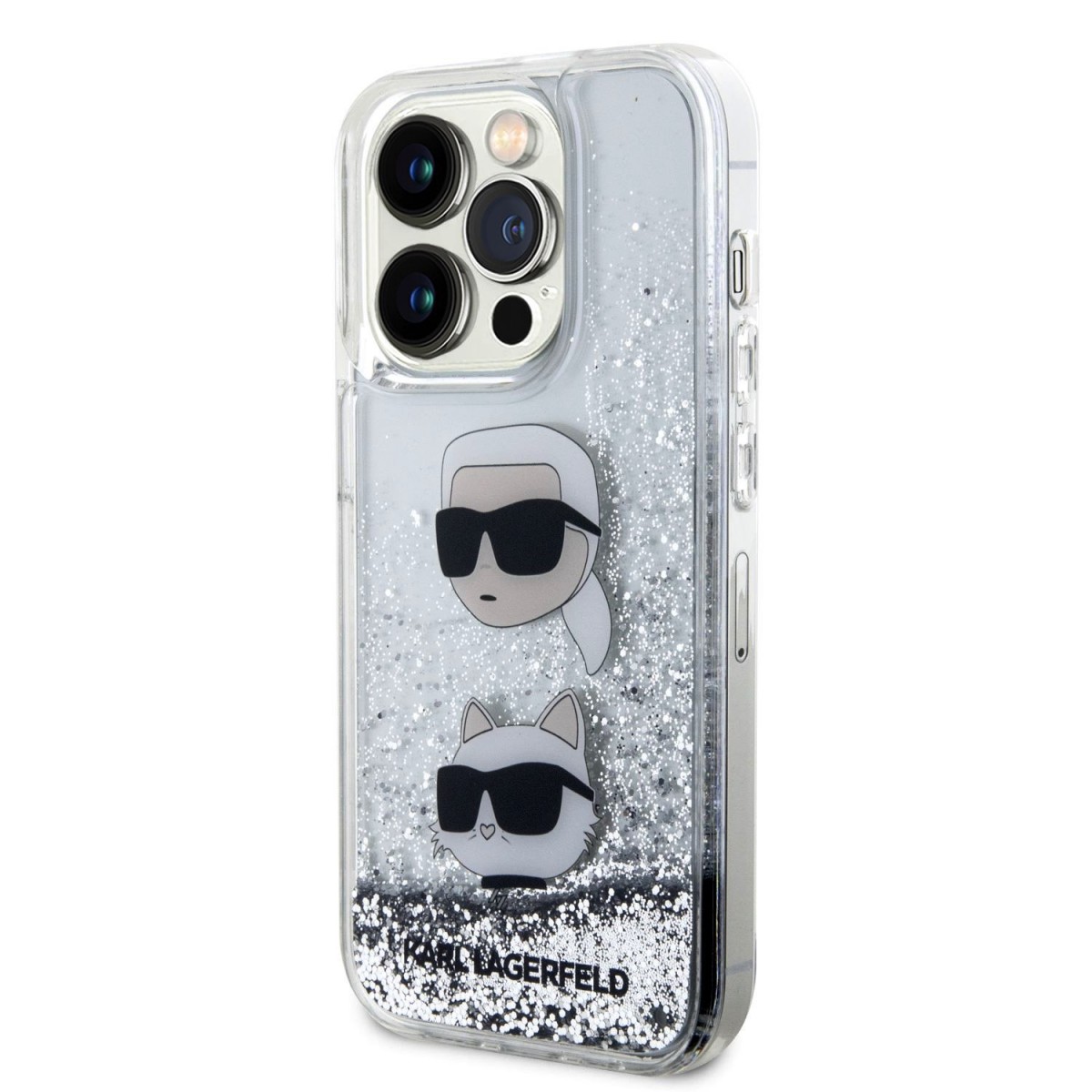 Karl Lagerfeld Liquid Glitter Karl and Choupette Head Zadní Kryt pro iPhone 15 Pro Max Silver