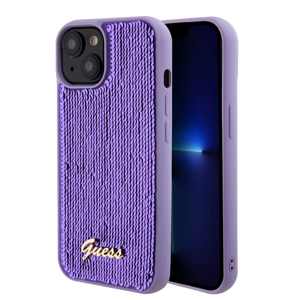 Guess Sequin Script Logo Zadní Kryt pro iPhone 15 Plus Purple