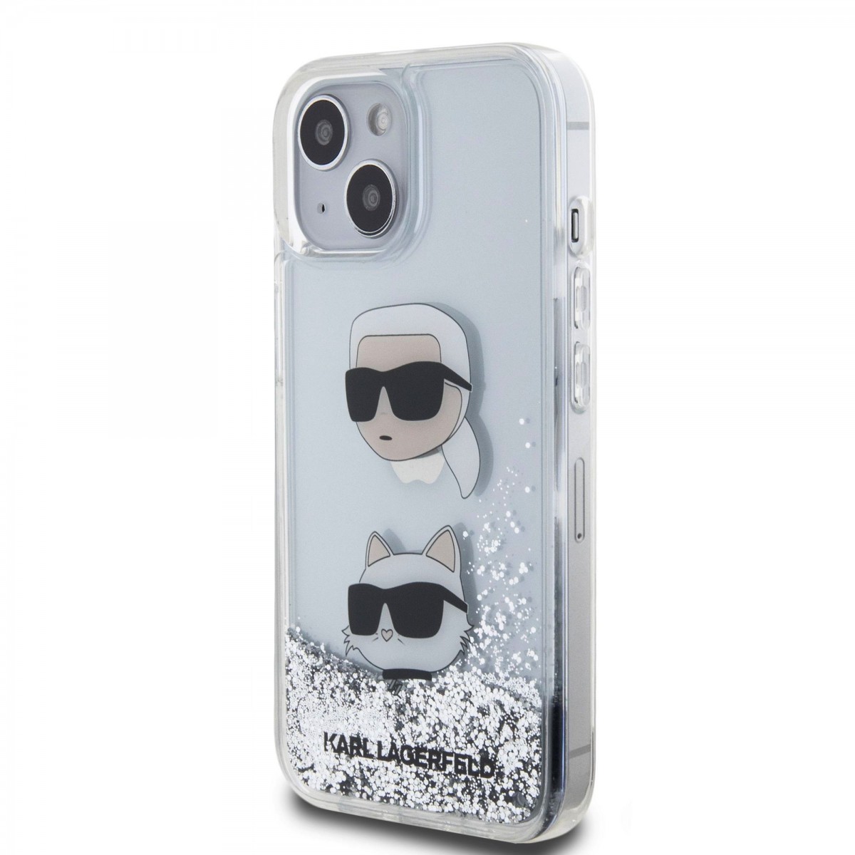 Karl Lagerfeld Liquid Glitter Karl and Choupette Head Zadní Kryt pro iPhone 15 Silver