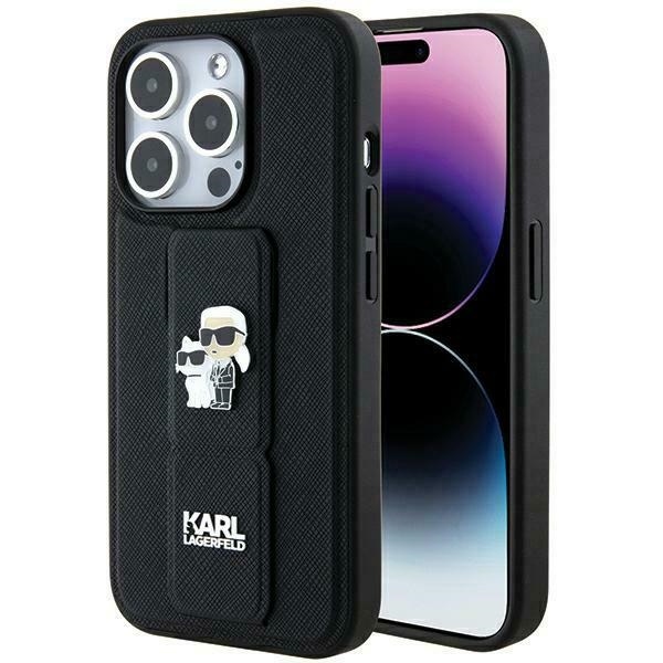 Originální pouzdro KARL LAGERFELD hardcase Gripstand Saffiano Karl&Choupette Pins KLHCP13LGSAKCPK pro Iphone 13/ 13 Pro Black