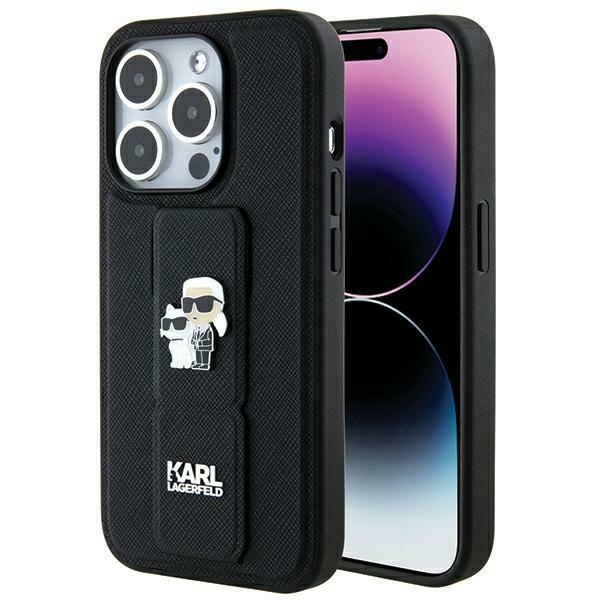 Originální pouzdro KARL LAGERFELD hardcase Gripstand Saffiano Karl&Choupette Pins KLHCP14XGSAKCPK pro Iphone 14 Pro Max Black