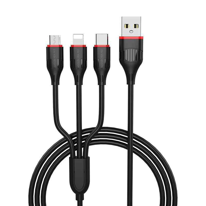 Kabel Borofone BX17 Enjoy 3 v 1 - USB na Type C, Micro USB, Lightning - 2,4A 1 metr černý