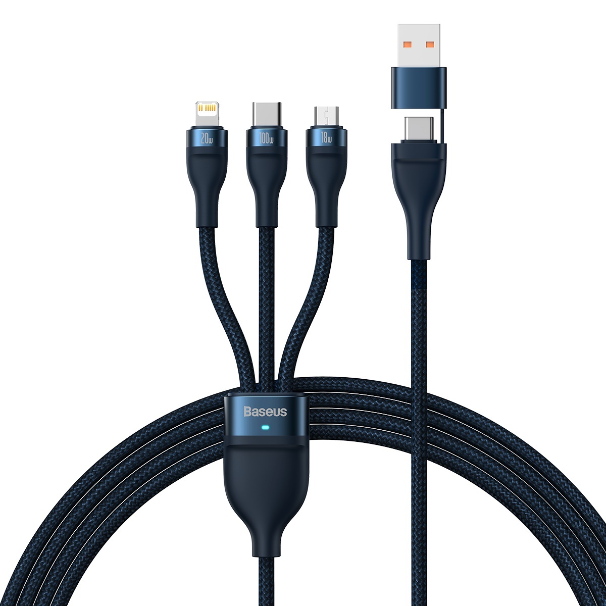 Kabel Baseus Flash Series II 3 v 1 - USB + Type C na Type C, Lightning, Micro USB - 100W 1,2 metru (CASS030103) modrý