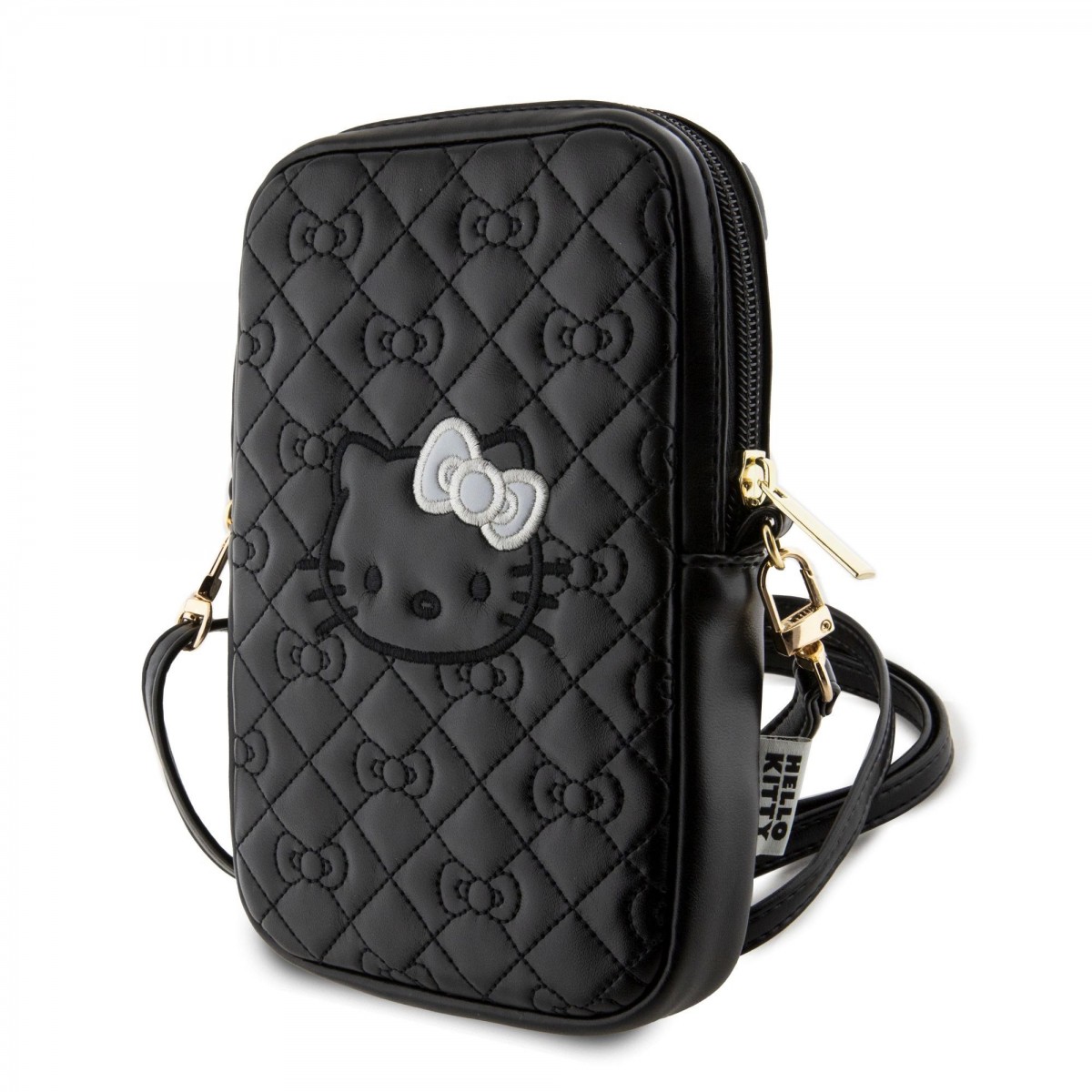 Hello Kitty PU Leather Quilted Pattern Kitty Head Logo Phone Bag Black