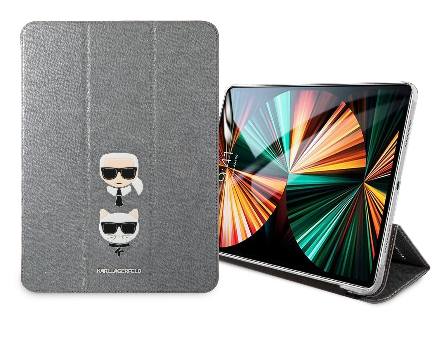 Karl Lagerfeld and Choupette Head Saffiano Pouzdro pro iPad Pro 12.9 (2021/2022) Silver