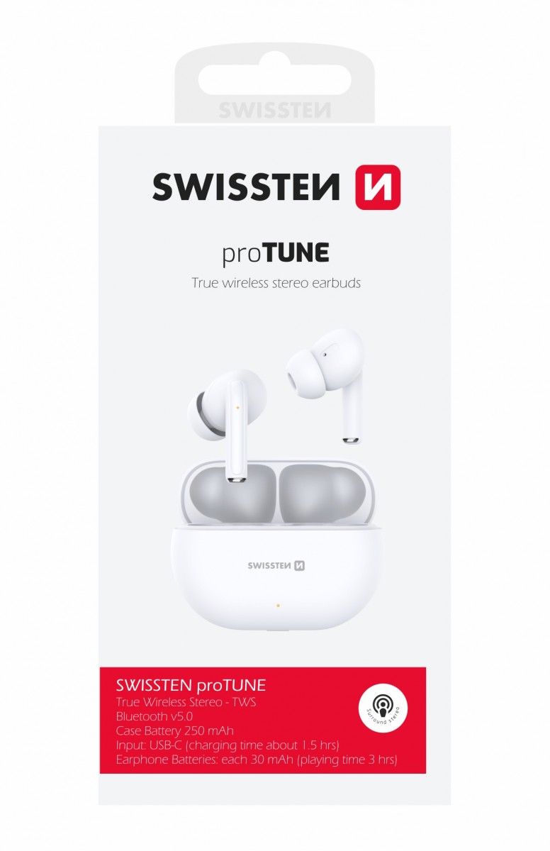 Bluetooth tws sluchátka swissten pro tune bílá