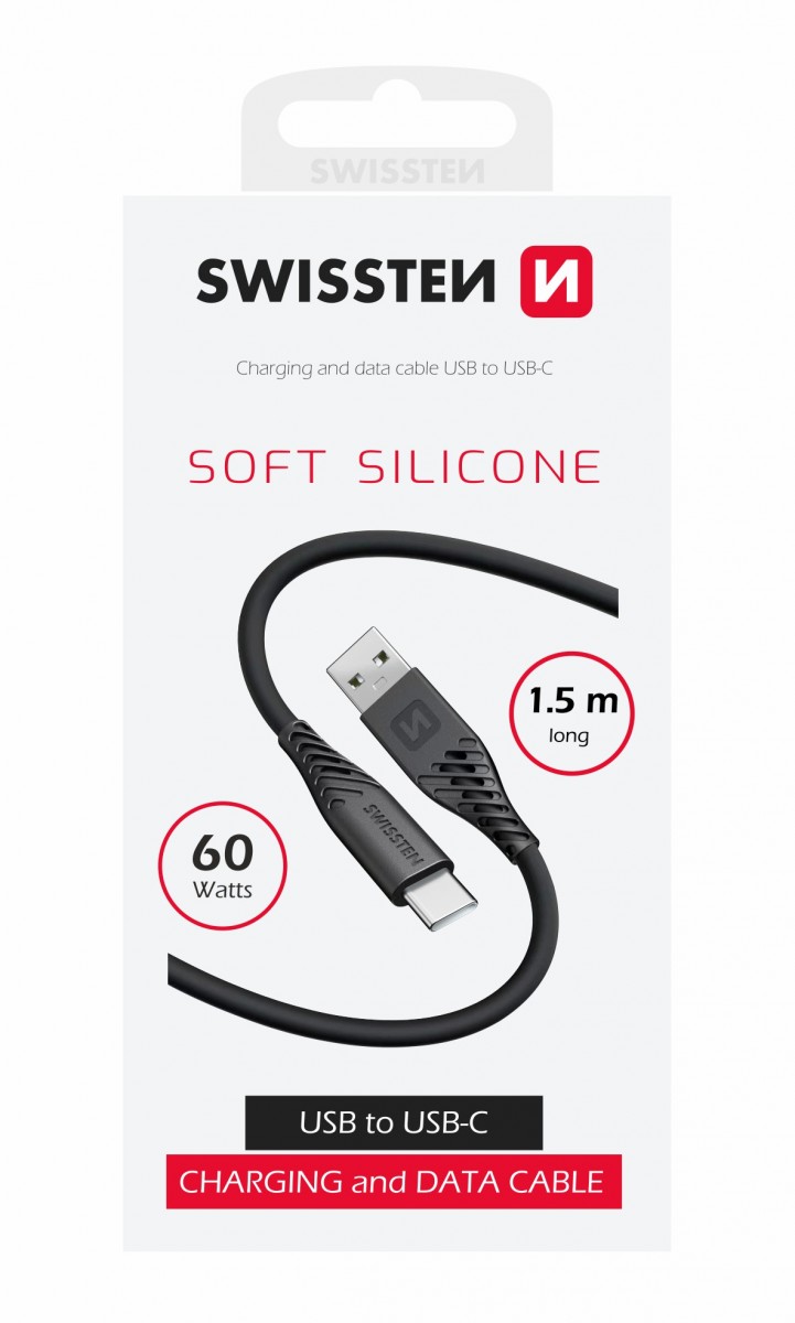 Datový kabel swissten soft silicone usb / usb-c 1,5 m 60w černý