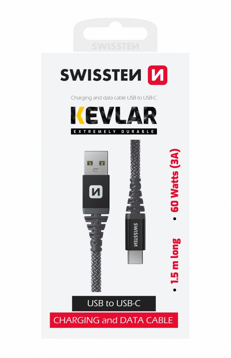 Datový kabel swissten kevlar usb / usb-c 1,5 m antracit