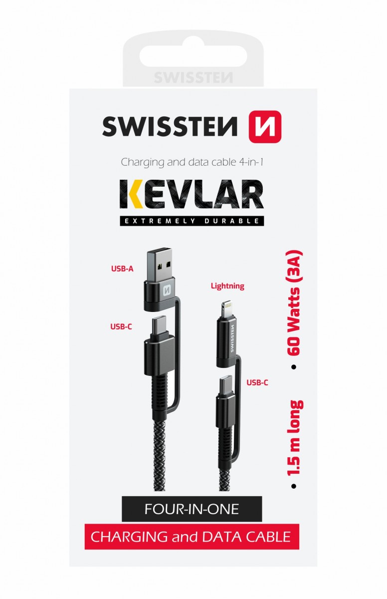 Datový kabel swissten kevlar 4in1 3a 1,5 m antracit