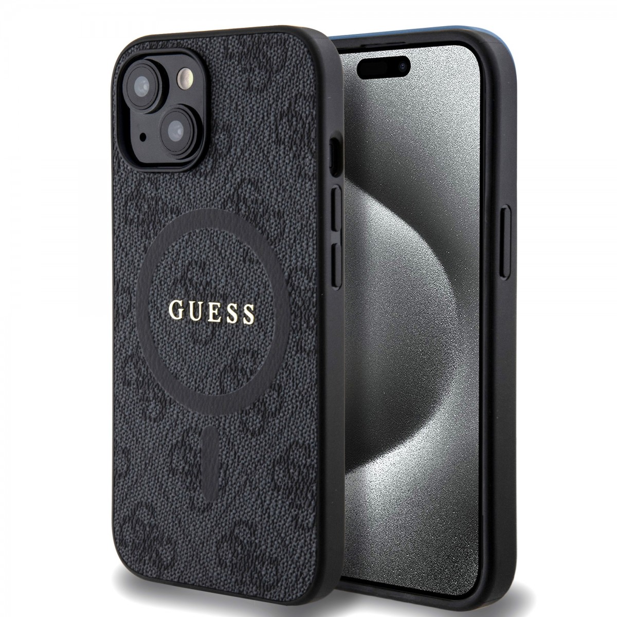 Guess PU Leather 4G Colored Ring MagSafe Zadní Kryt pro iPhone 15 Black