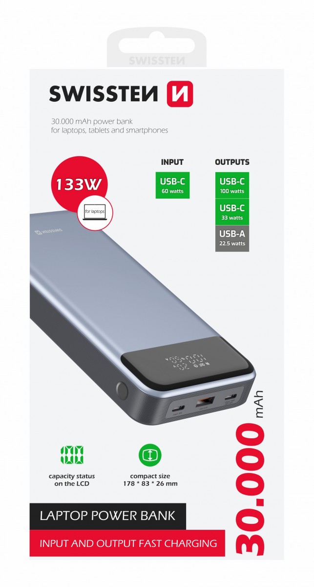 Powerbank Swissten 30000 mAh 133W šedá