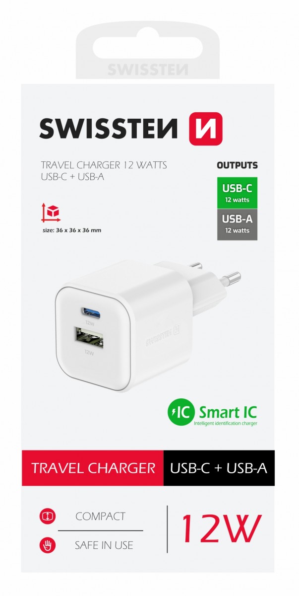 Adaptér Swissten 12W USB-A, USB-C bílý