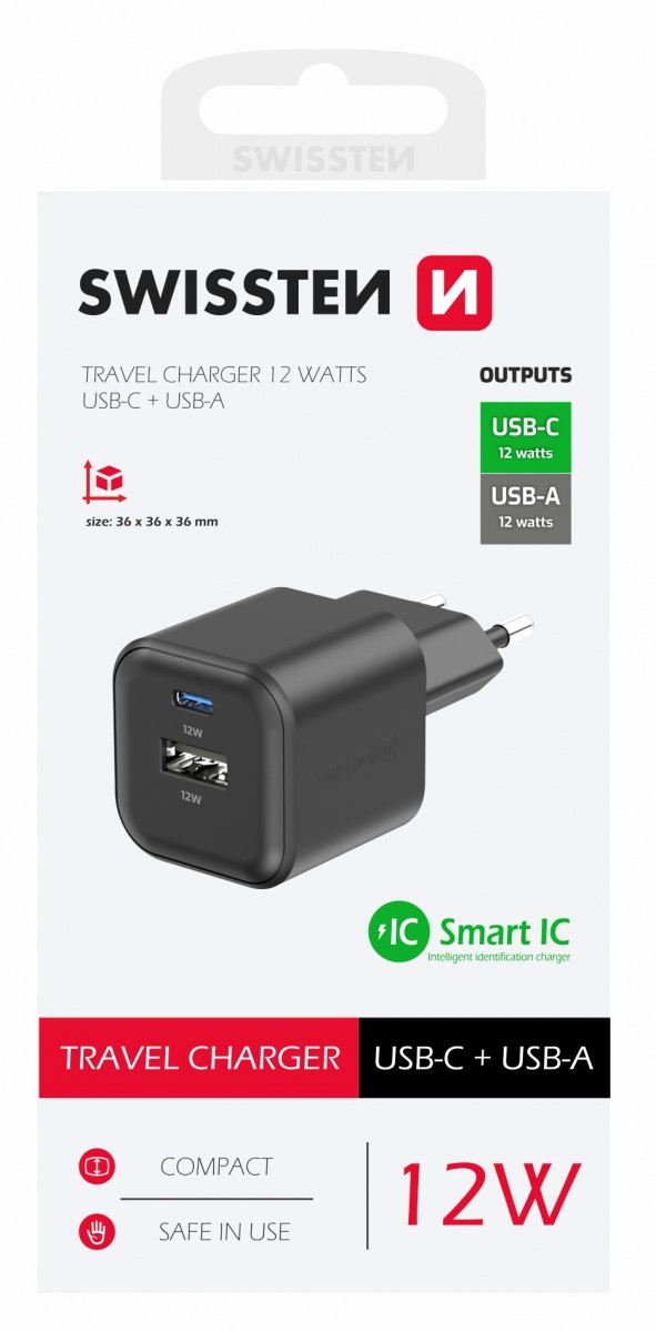 Adaptér Swissten 12W USB-A, USB-C černý