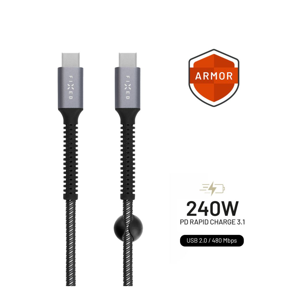 Nabíjecí a datový odolný kabel FIXED Armor s konektory USB-C/USB-C a podporou PD, 1.2 m, USB 2.0, 240W, šedý