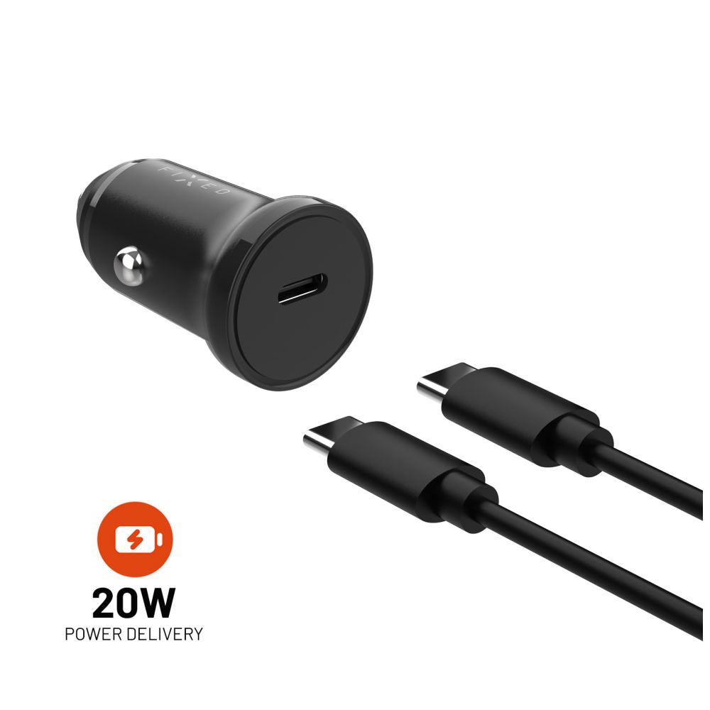 Set autonabíječky FIXED s USB-C výstupem a USB-C/USB-C kabelu, podpora PD, 1 metr, 20W, černá