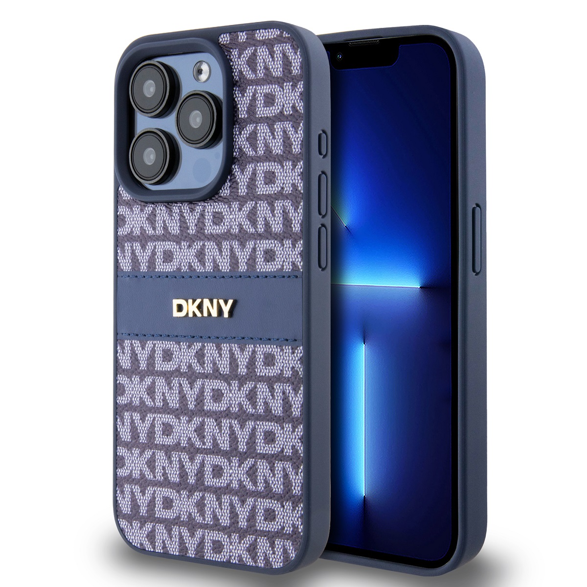 Zadní Kryt DKNY PU Leather Repeat Pattern Tonal Stripe pro iPhone 15 Pro modrý