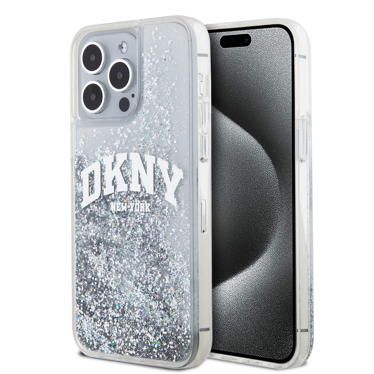 Zadní Kryt DKNY Liquid Glitter Arch Logo na iPhone 15 Pro Max Transparent