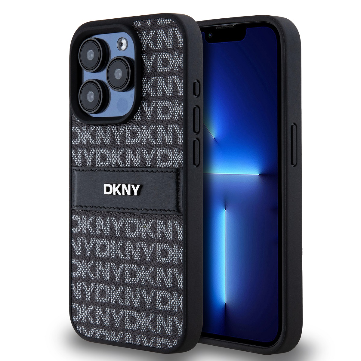 Zadní Kryt DKNY PU Leather Repeat Pattern Tonal Stripe pro iPhone 14 Pro Max černý