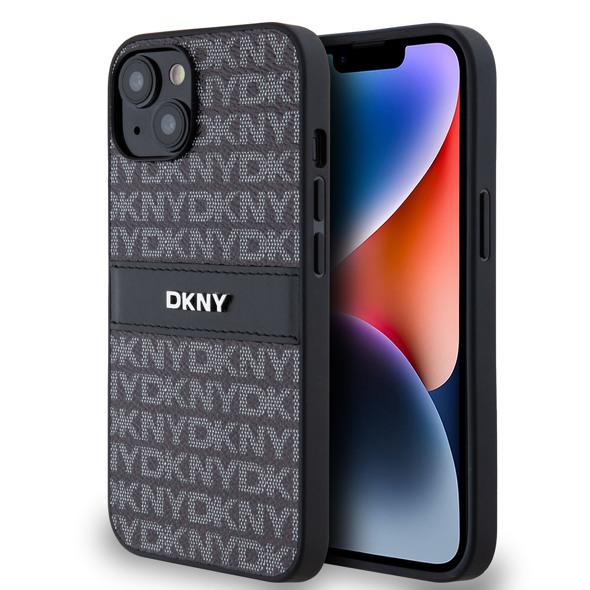 Zadní Kryt DKNY PU Leather Repeat Pattern Tonal Stripe pro iPhone 14 černý