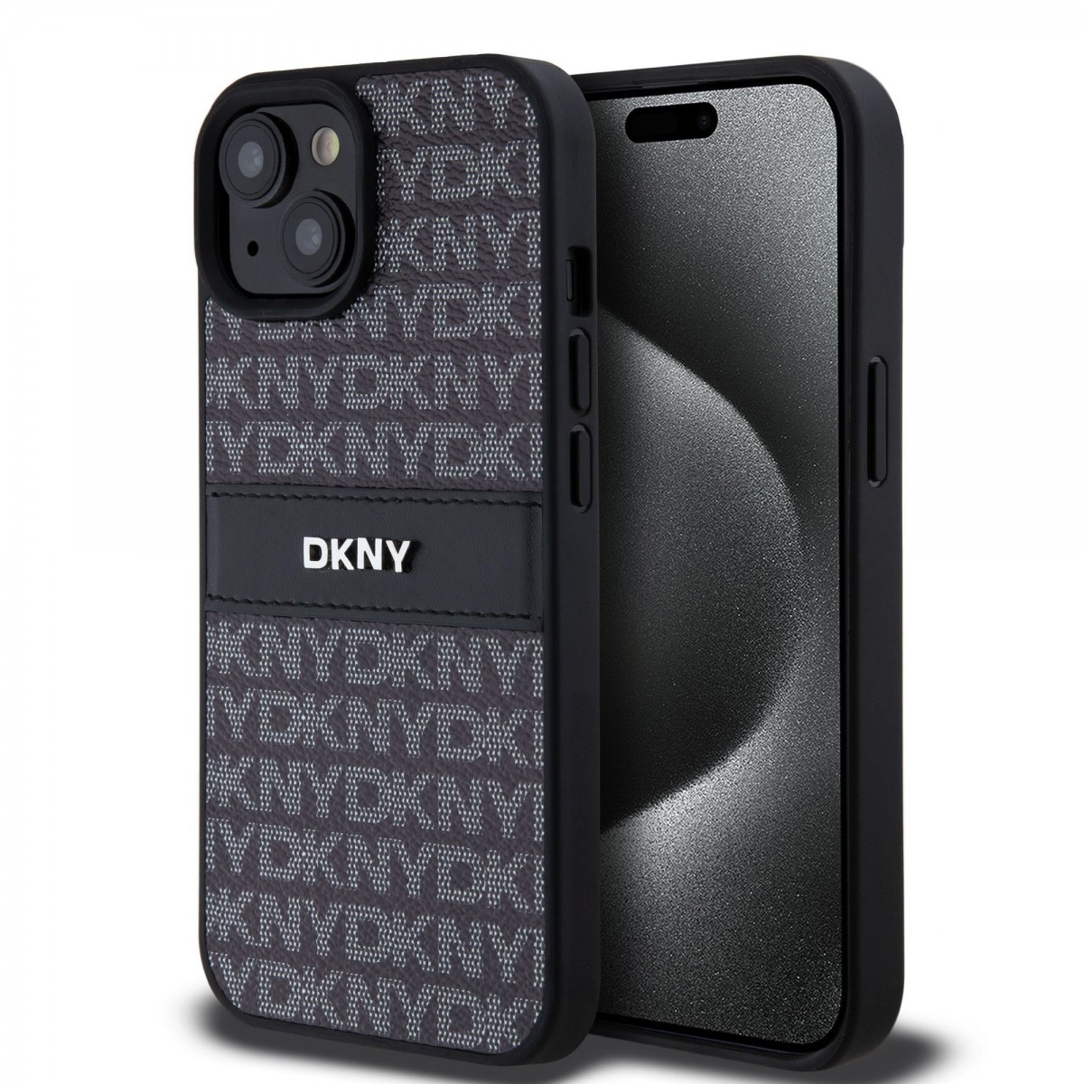 Zadní Kryt DKNY PU Leather Repeat Pattern Tonal Stripe pro iPhone 15 černý