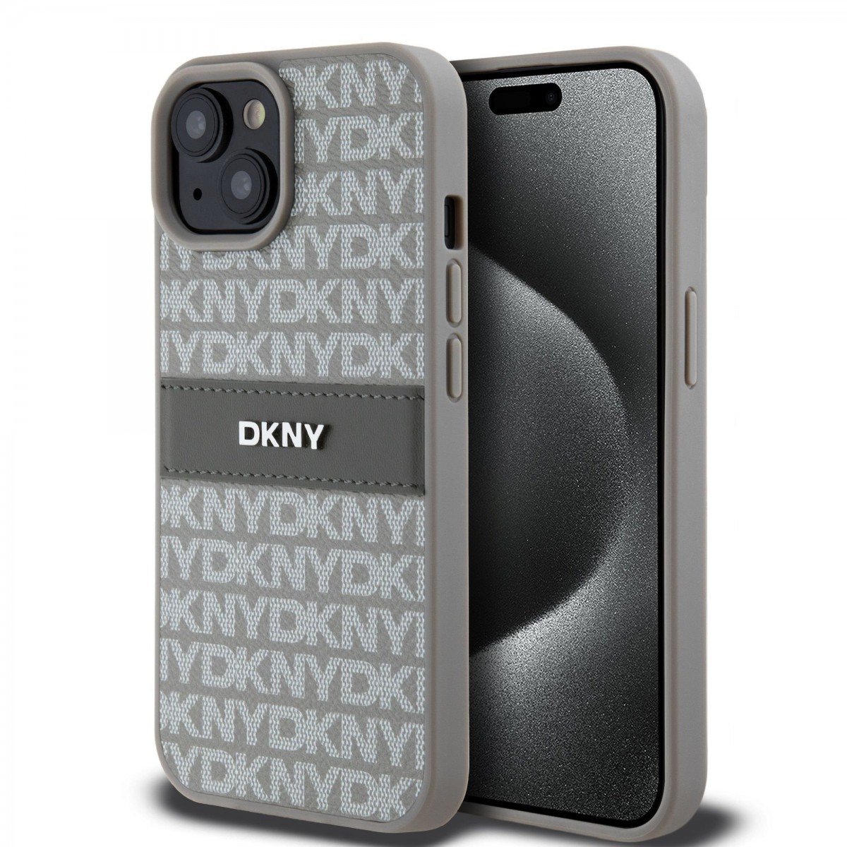 Zadní Kryt DKNY PU Leather Repeat Pattern Tonal Stripe na iPhone 15 Beige