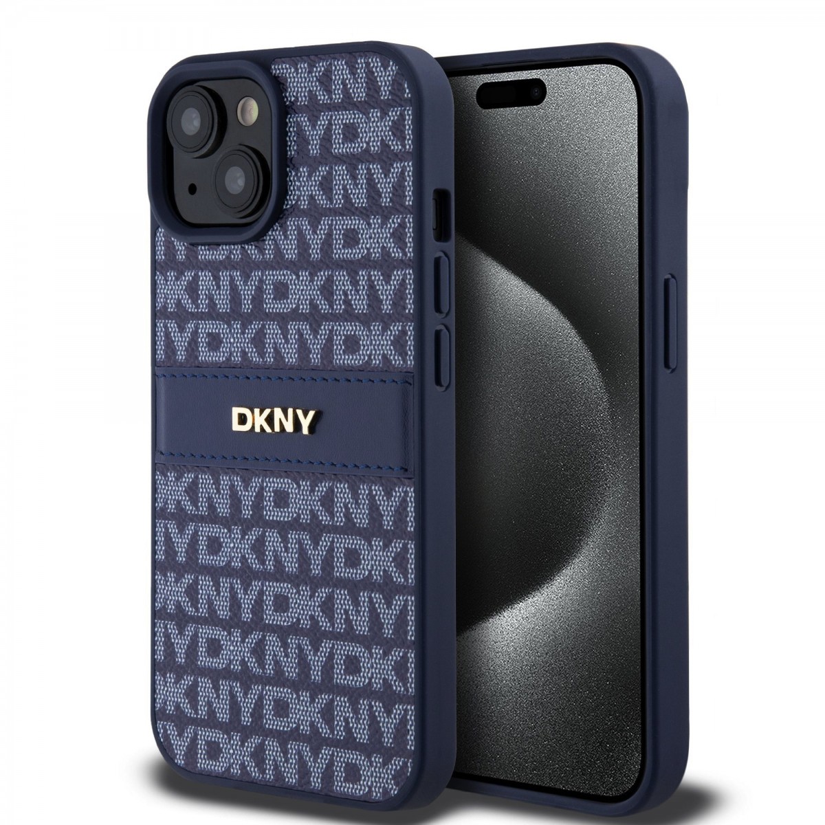 Zadní Kryt DKNY PU Leather Repeat Pattern Tonal Stripe pro iPhone 15 modrý