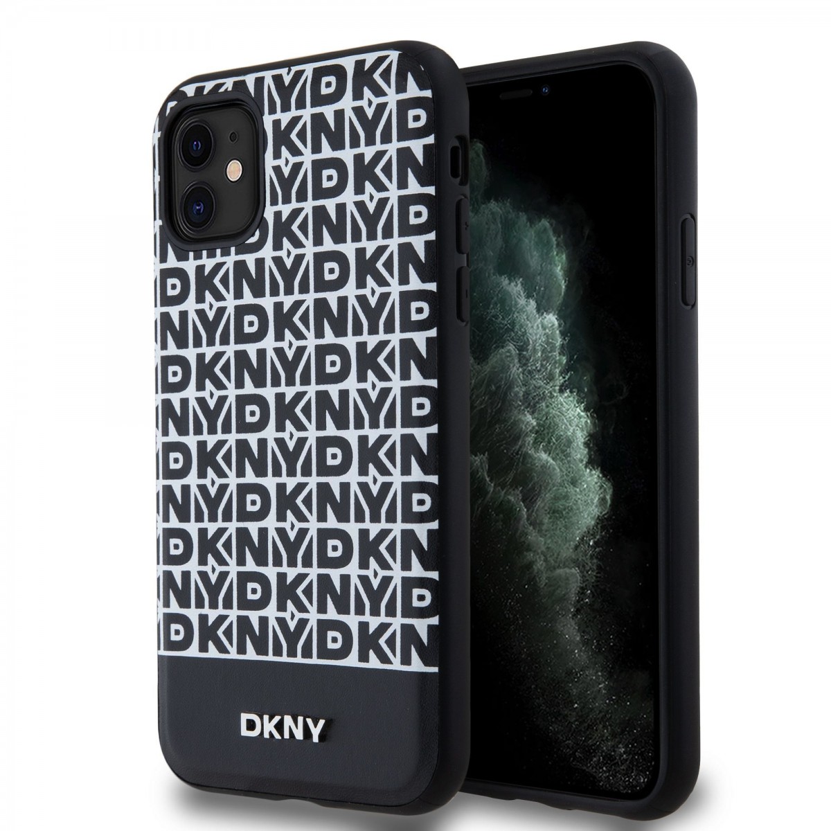 Zadní Kryt DKNY PU Leather Repeat Pattern Bottom Stripe MagSafe pro iPhone 11 černý