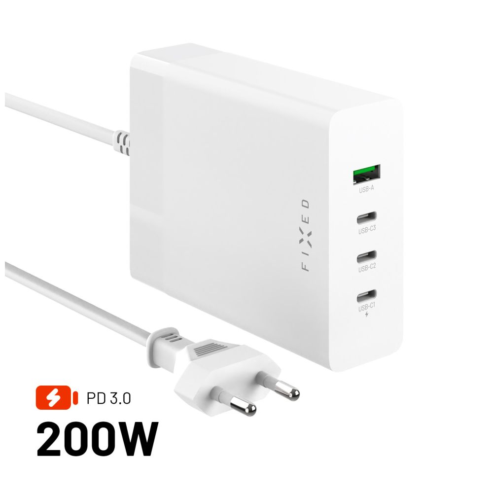 Síťový GaN adaptér FIXED Charging Station s 3xUSB-C a USB výstupem, podpora PD 3.0, 200W, bílý