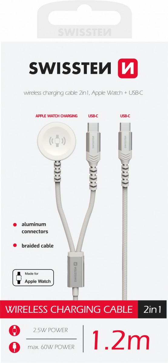 Opletený magnetický kabel Swissten 2v1 pro Apple Watch a USB-C, USB-C 1.2 m bílý