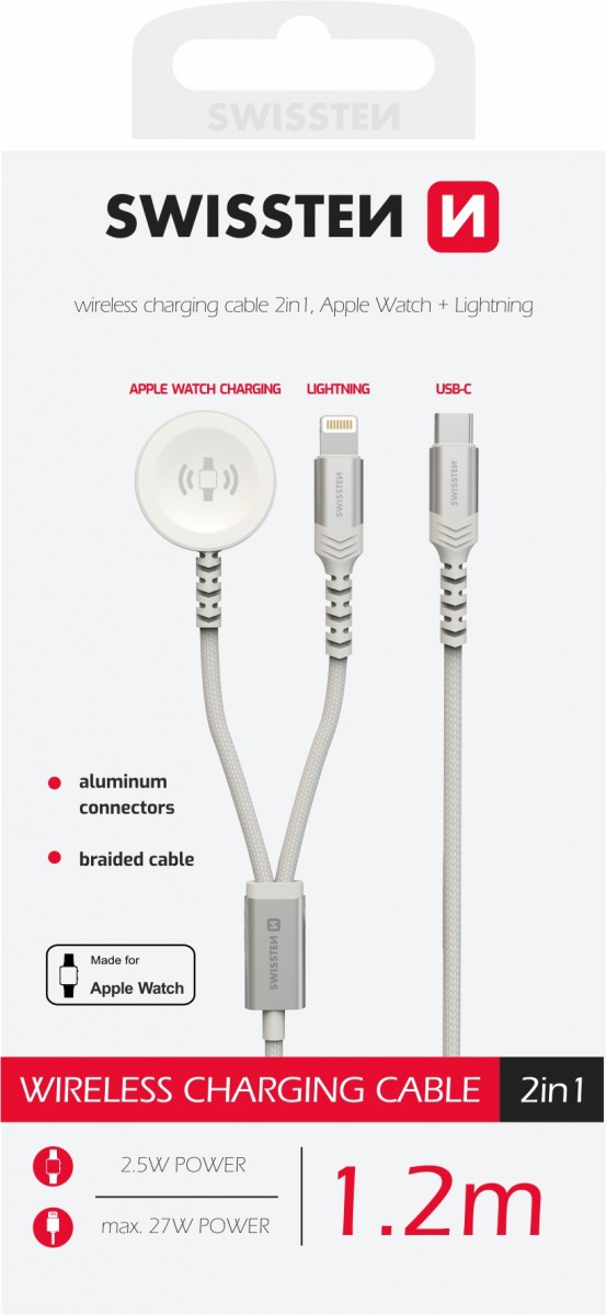 Magnetický kabel opletený Swissten 2v1 pro Apple Watch a Lightning, USB-C 1.2 m bílý