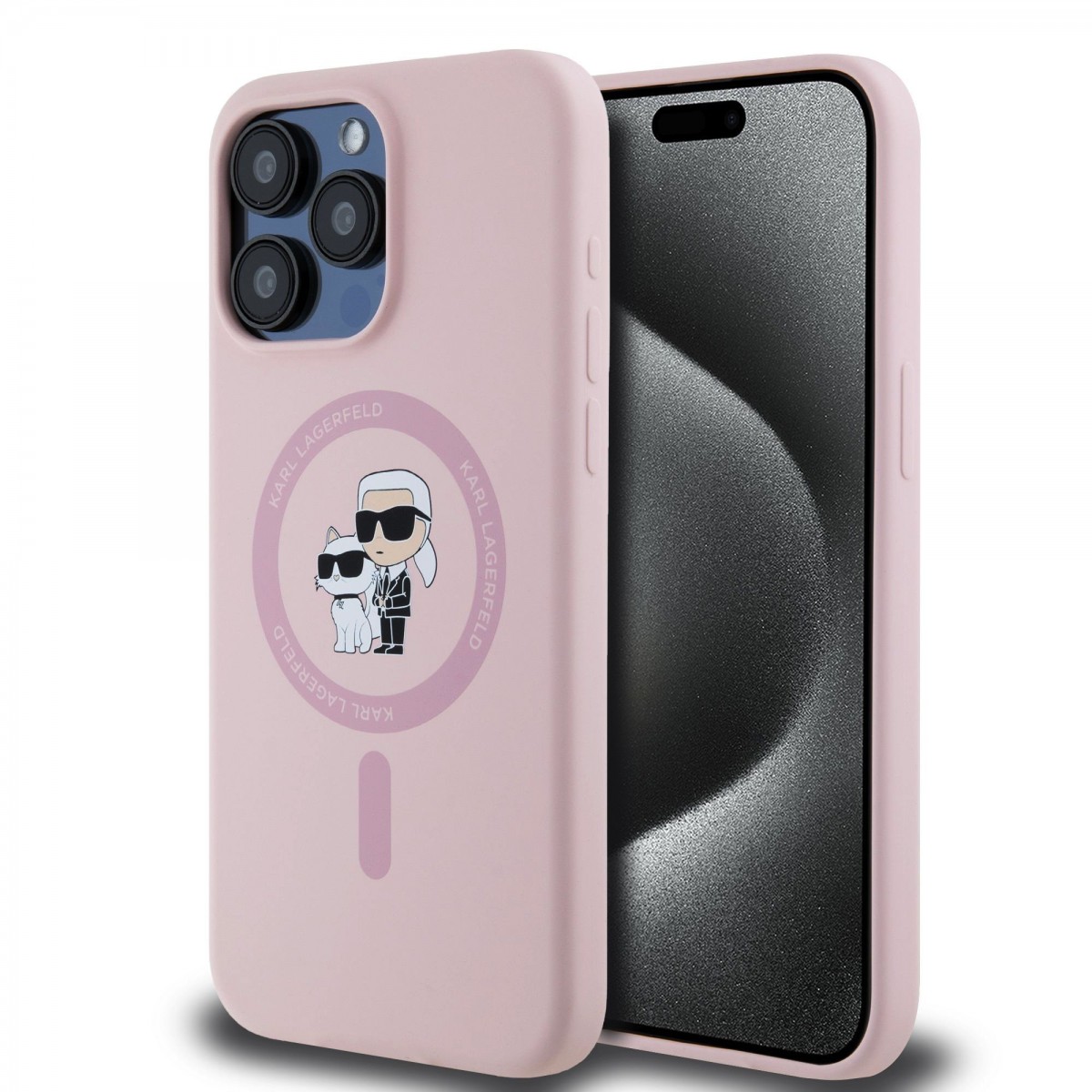 Karl Lagerfeld Liquid Silicone Karl and Choupette Magsafe Zadní Kryt pro iPhone 15 Pro Max Pink