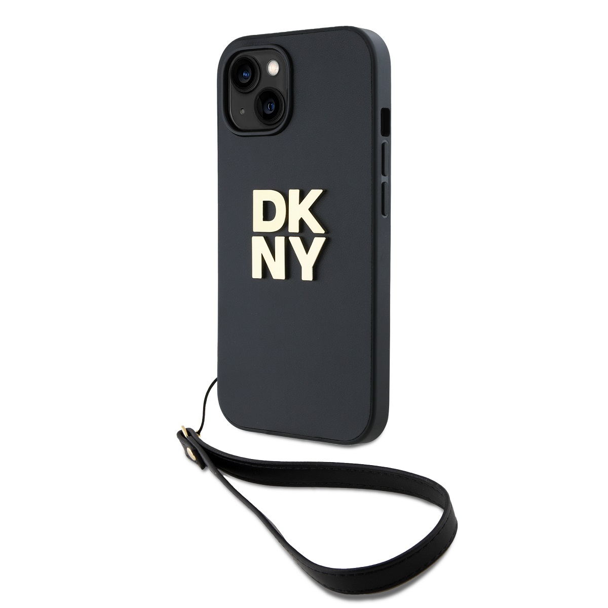 Zadní Kryt DKNY PU Leather Stack Logo Wrist Strap pro iPhone 15 černý