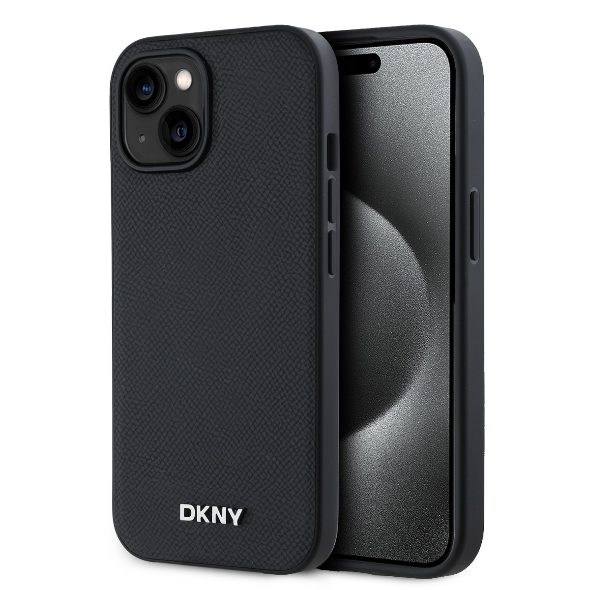 Zadní Kryt DKNY PU Leather Silver Metal Logo Magsafe pro iPhone 15 černý